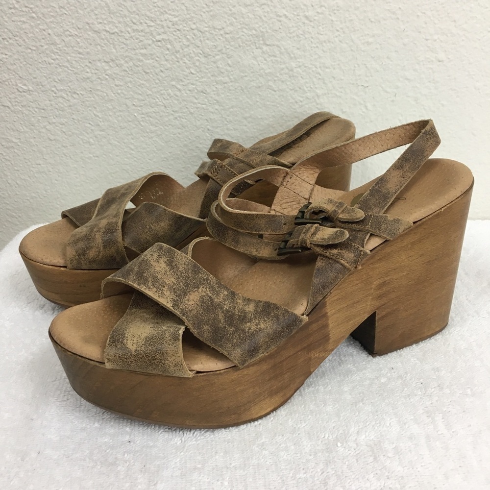 Freebird By Steven Tan Ali Distressed Leather Platform Heeled Clog Sandals Sz 10